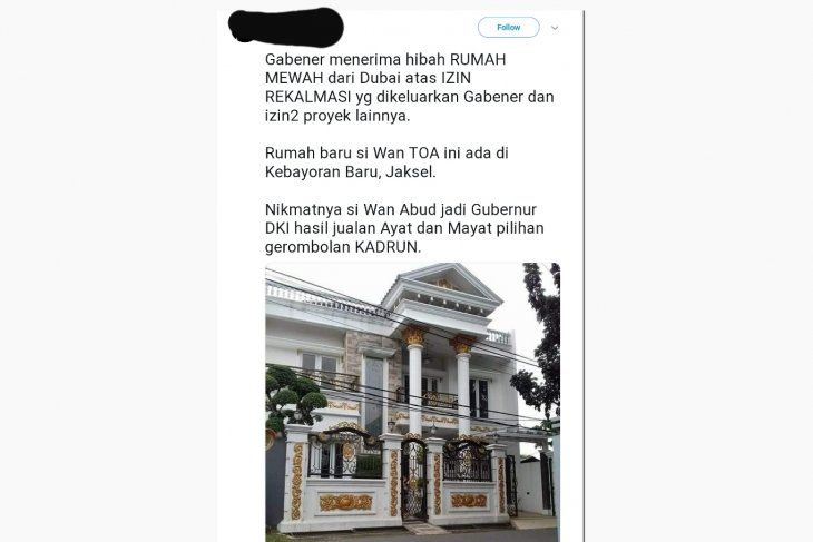 Tangkapan layar hoaks rumah Gubernur DKI Anies Baswedan yang disebut sebagai hasil reklamasi. (Twitter)