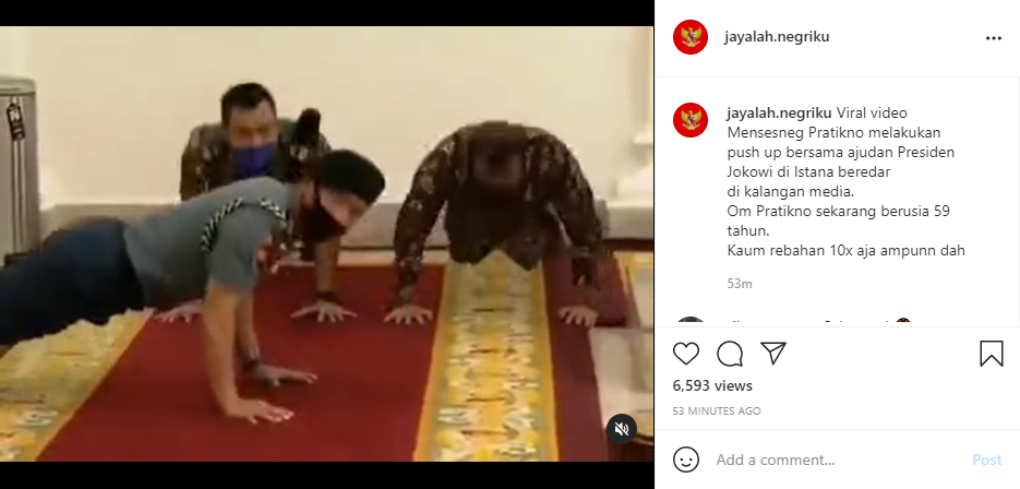 Viral video Menteri Sekretaris Negara (Mensesneg) melakukan push up bersama ajuda Presiden Jokowi, netizen singgung kaum rebahan.*