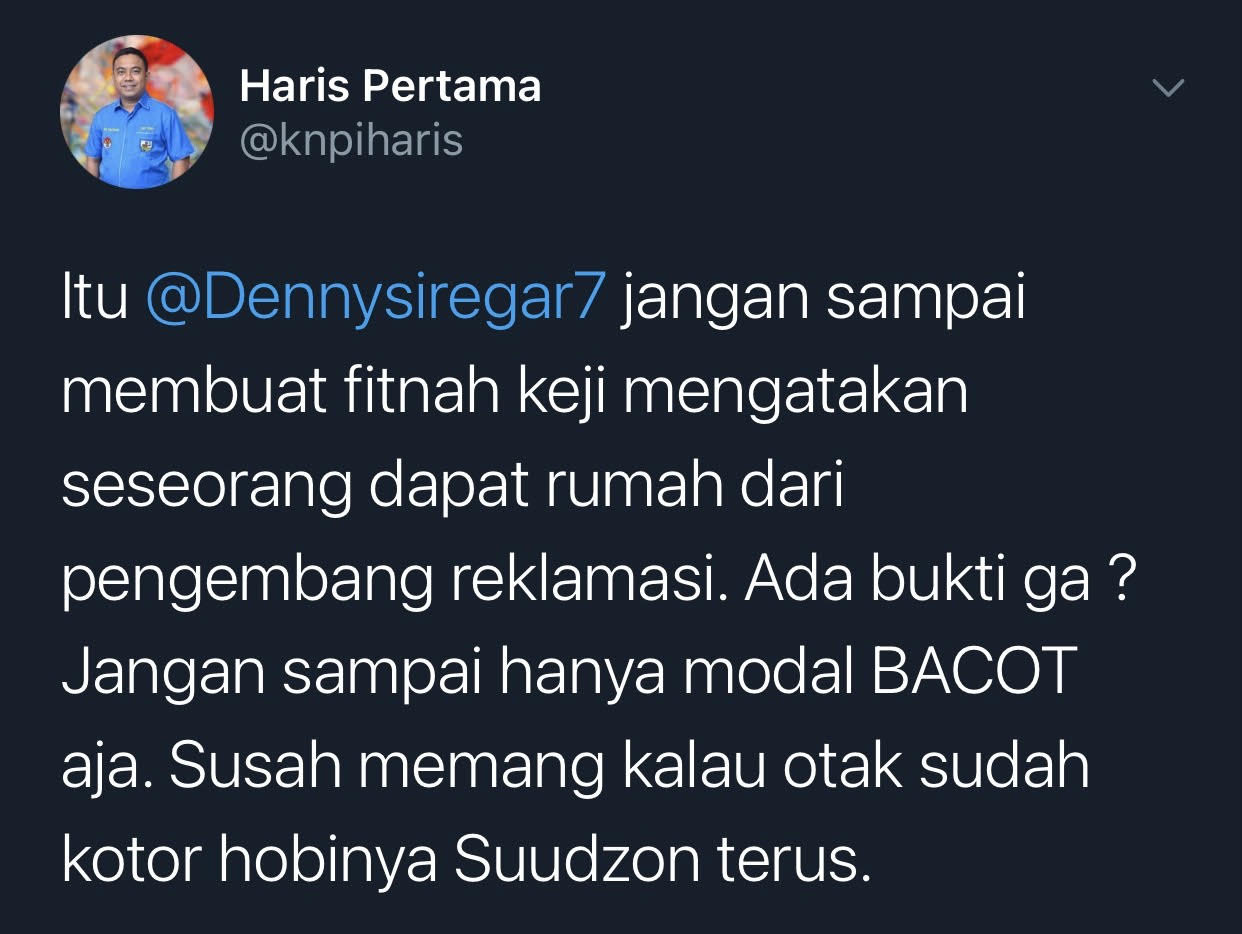 Cuitan Haris Pertama sentil tudingan Denny Siregar kepada Gubernur DKI Jakarta, Anies Baswedan.