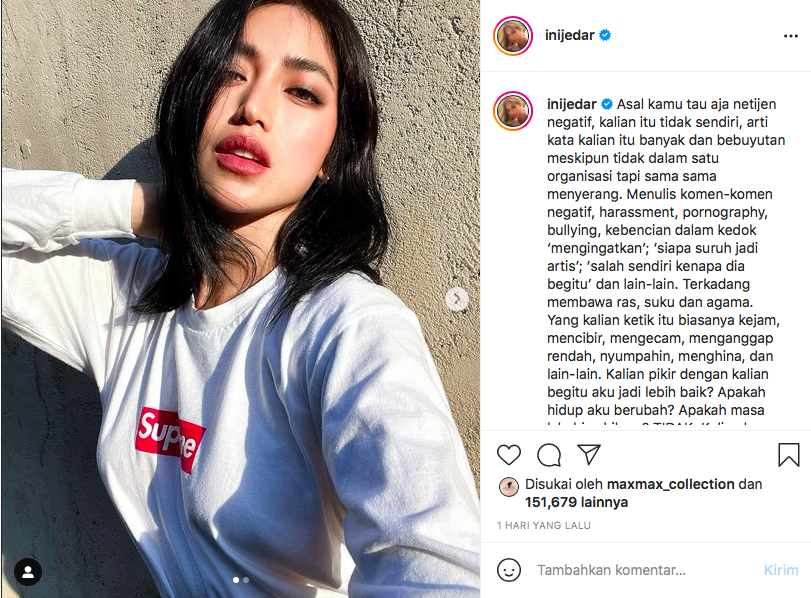 Jessica Iskandar menuliskan kalimat sentilan untuk netizen nyinyir yang kerap mengomentari kehidupan pribadinya.*