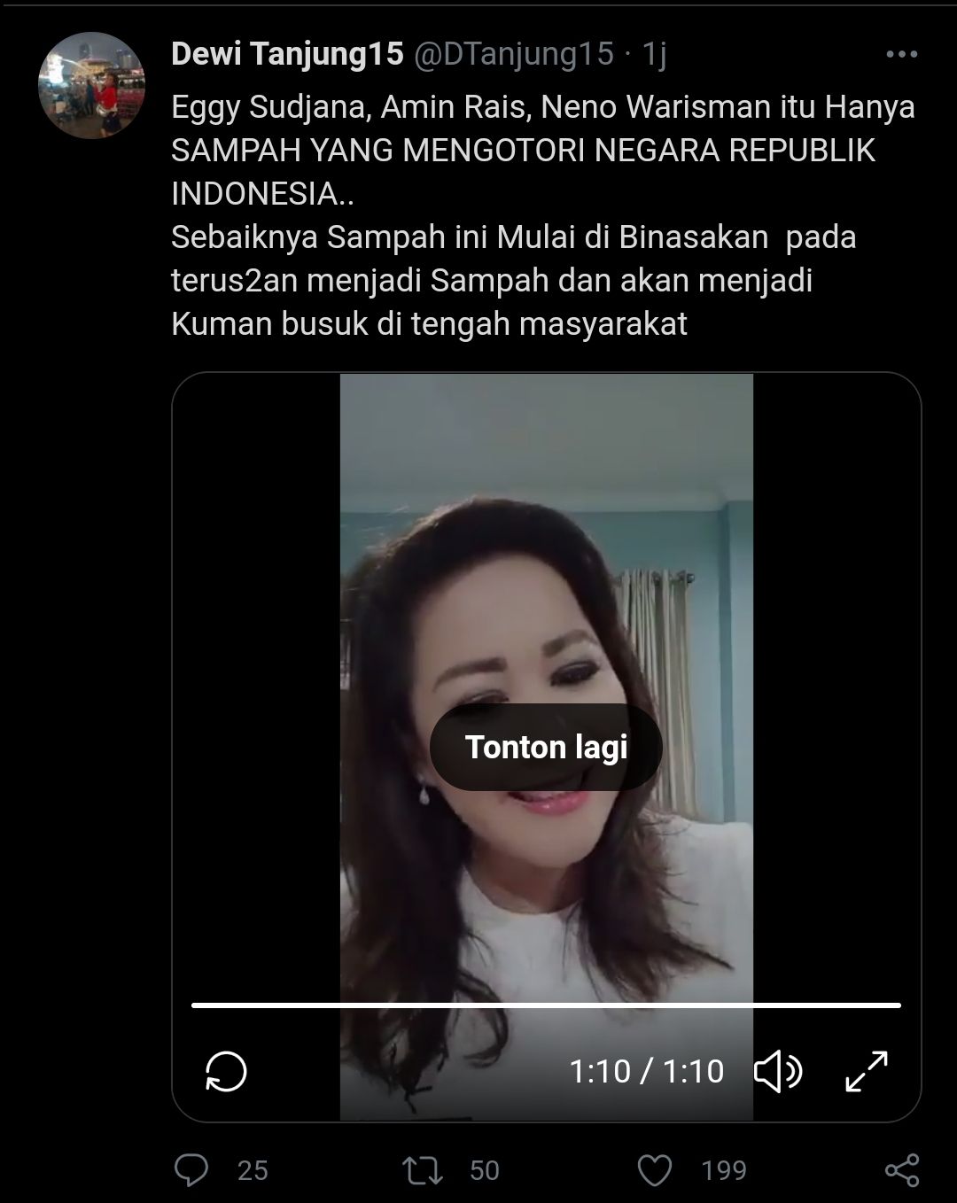 Tangakapan layar cuitan Dewi Tanjung soal sampah negara./