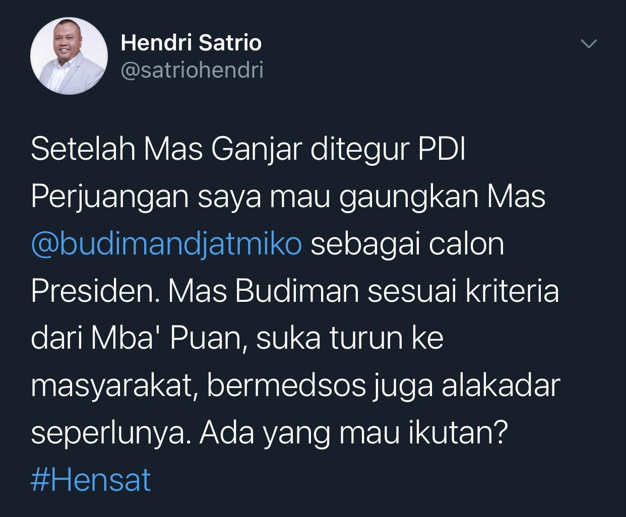 Tangkapan layar cuitan Hendri Satrio./Twitter/@satriohendri