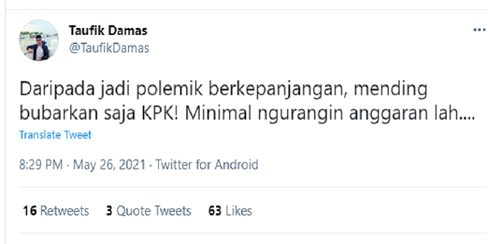 Taufik Damas menyarankan KPK dibubarkan agar polemik tak berkepanjangan.