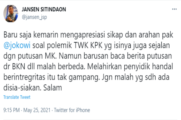 Cuitan Jansen Sitindaon terkait keputusan BKN soal pemecatan 75 pegawai KPK.