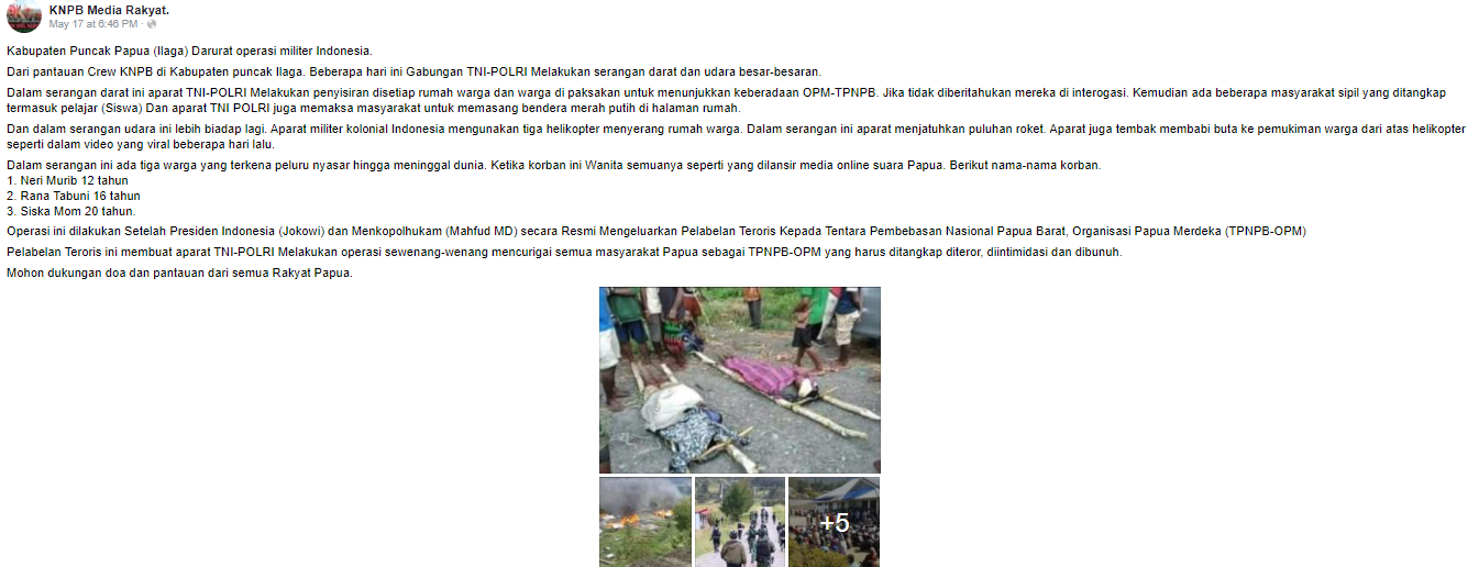 Unggahan Facebook yang menyebut Kabupaten Puncak Papua (Ilaga) Darurat Operasi Militer Indonesia