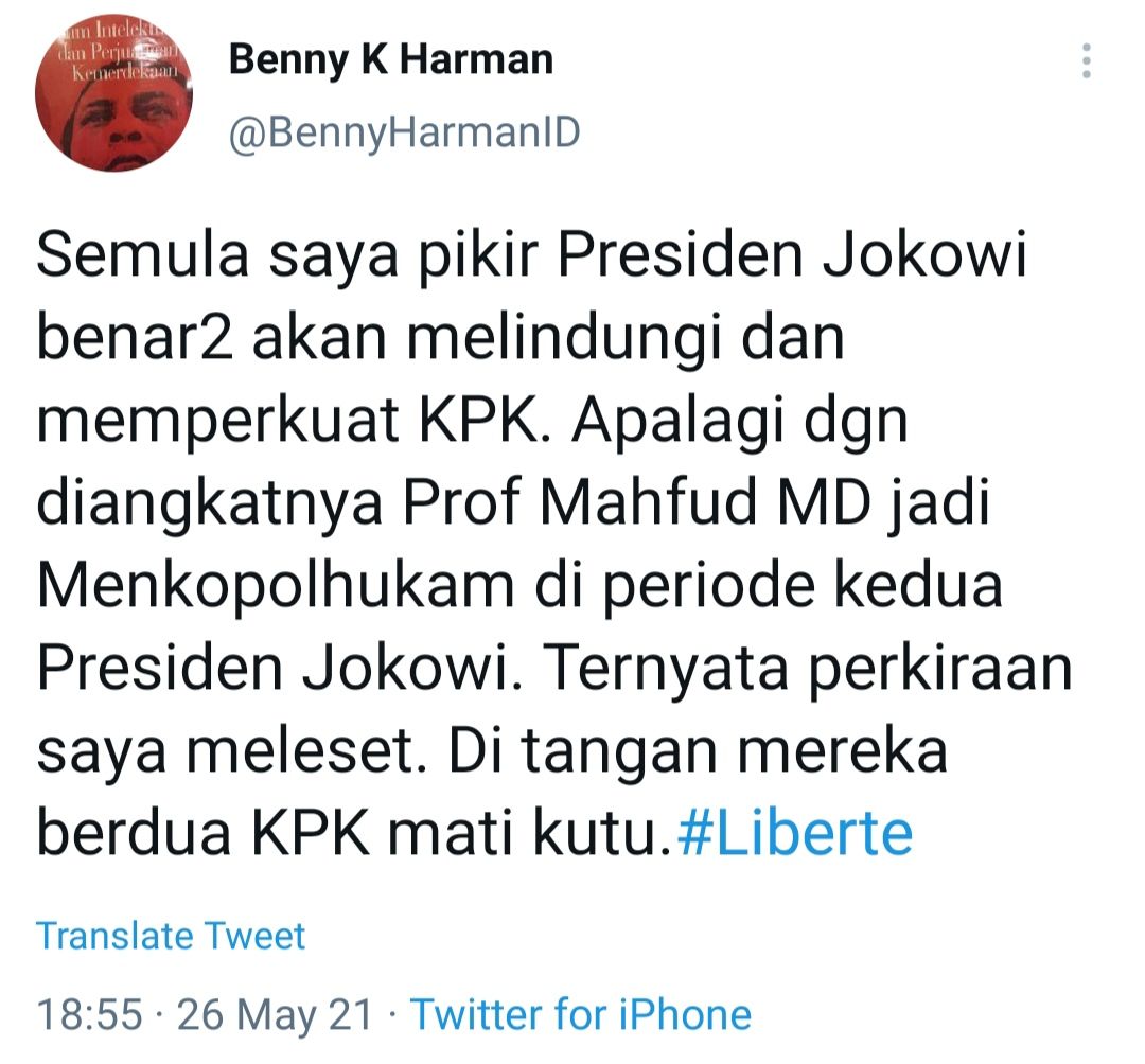 Benny K Harman menanggapi adanya dugaan pelemahan di tubuh KPK pada era Presiden Jokowi.
