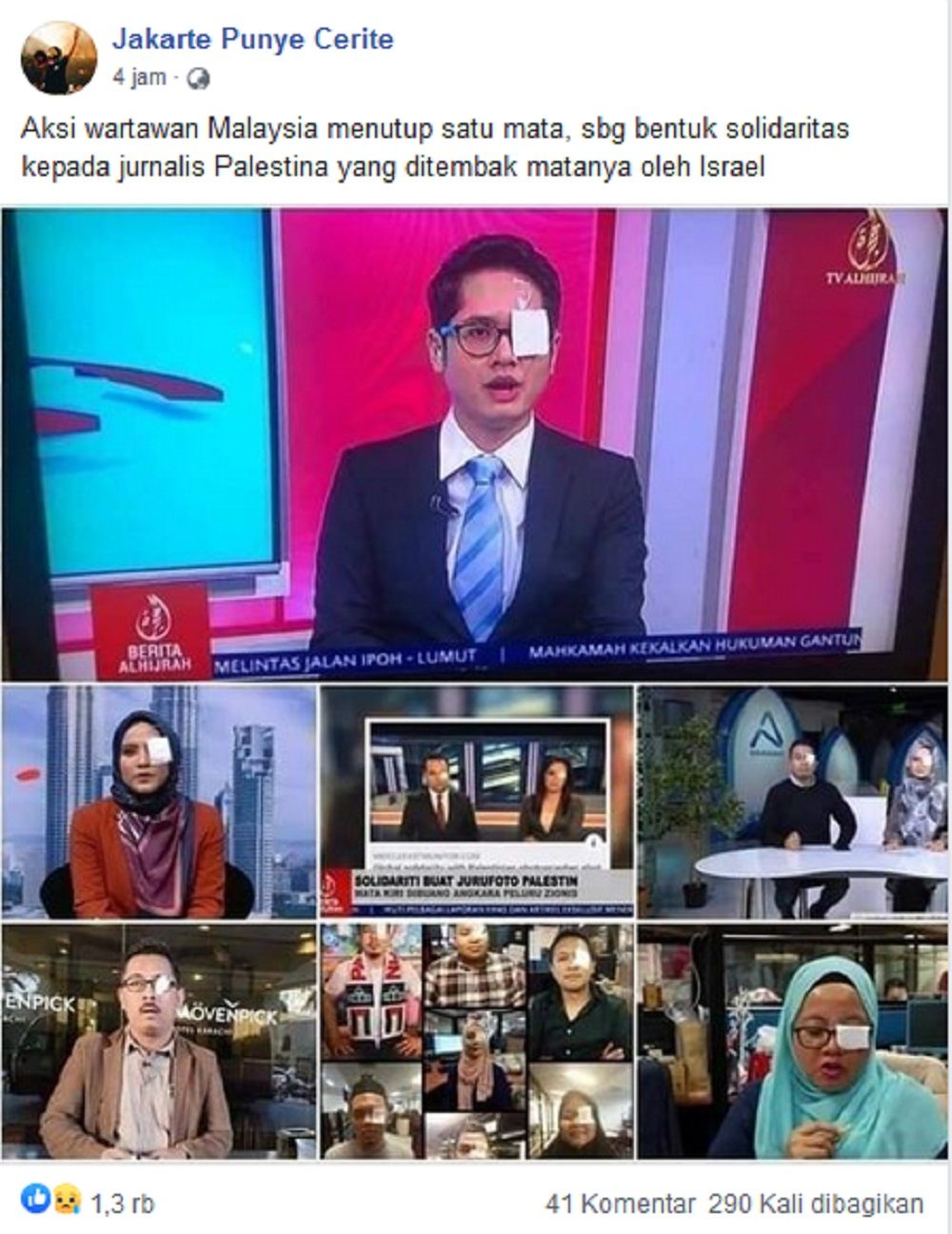 Kompak, Penyiar Televisi Malaysia Tutup Mata Sebelah Demi Dukung Jurnalis Palestina yang Ditembak Matanya oleh