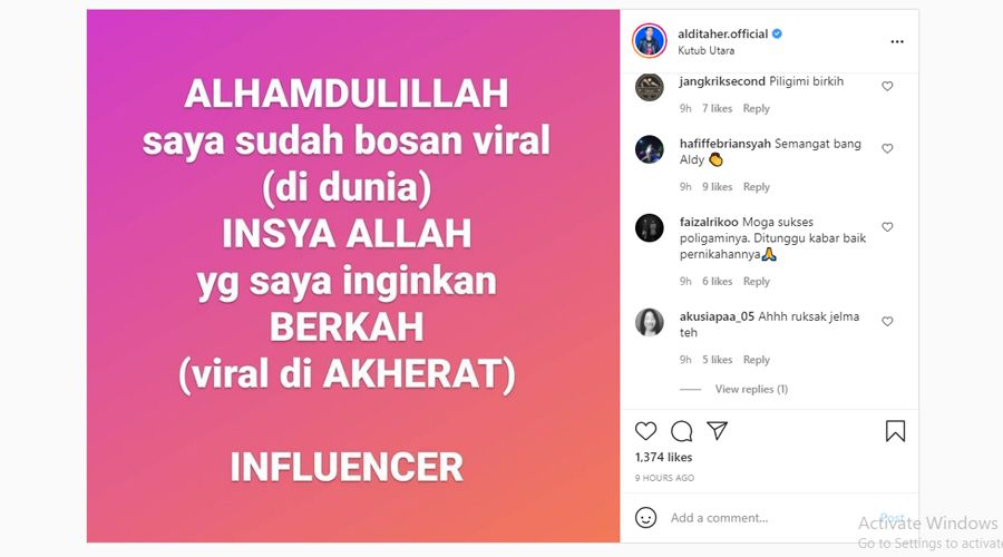 postingan Instagram Aldi Taher yang mengaku bosan viral di dunia dan ingin viral di akherat
