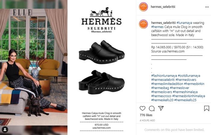 Unggahan Instagram @hermes_selebritii terkait sepatu Hermes yang dikenakan Luna Maya.
