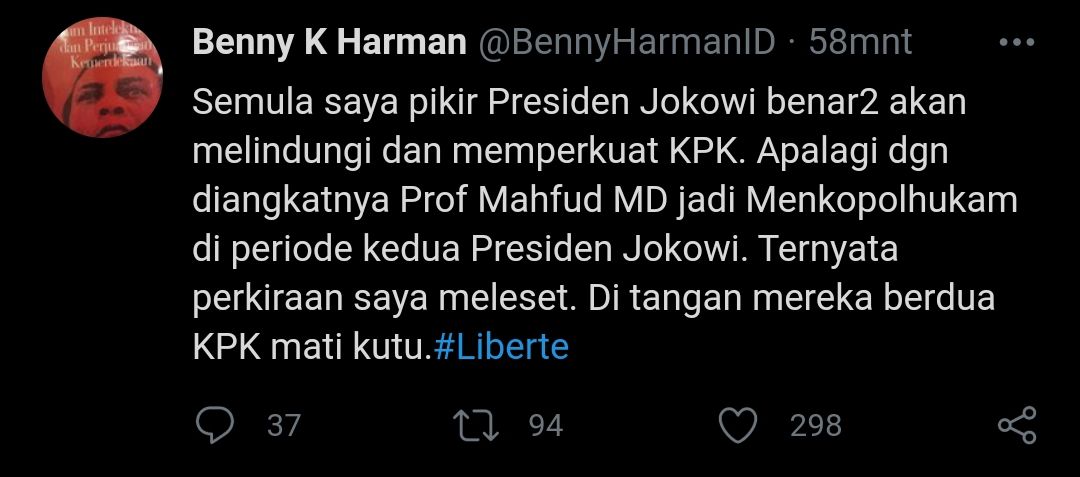 Tangkapan layar cuitan Benny K Harman soal KPK di masa pemerintahan Jokowi./
