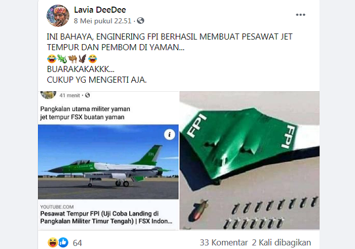 Kabar hoaks yang mengklaim FPI buat pesawat jet temput./tangkap layar Facebook/
