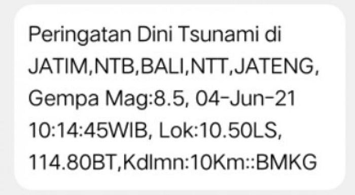 Screenshoot peringatan gempa dan tsunami yang dikirim BMKG melalui SMS.
