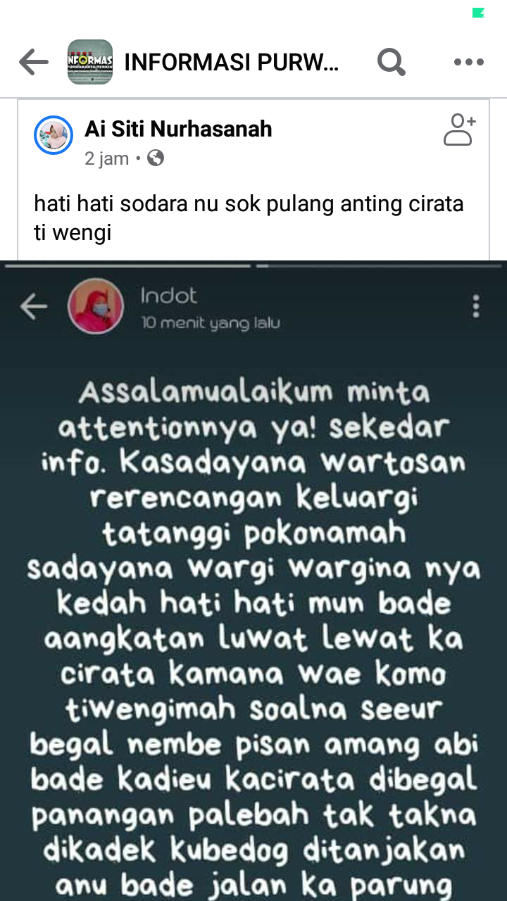 Postingan Ai Siti Nurhasanah soal kabar pembegalan di Cirata Purwakarta ternyata hoax.