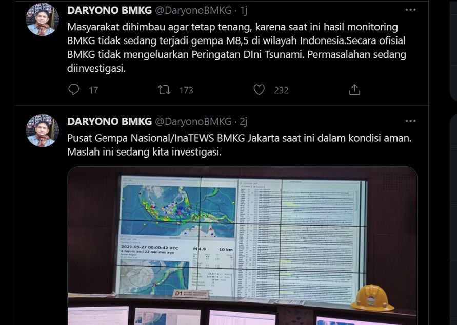 Investigasi BMKG atas kesalahan sistem pesan singkat peringatan dini tsunami dan gemap 8,5 M.*
