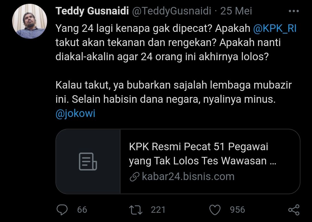 Tangkapan layar cuitan Teddy Gusnaidi yang usulkan KPK dibubarkan./
