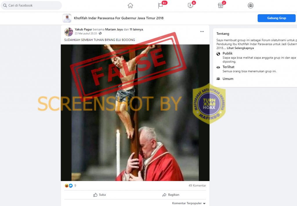 Tangkapan layar unggahan Paus Fransiskus membawa patung Presiden Jokowi disalib./Turn Back Hoax