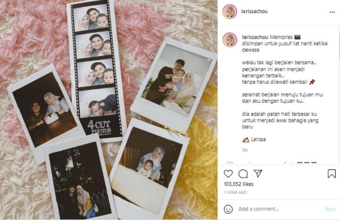 Larissa Chou mengunggah foto kenangan bersama Alvin Faiz dan sang putra. Ia menyebut mantan suami sebagai patah hati terbesarnya.*