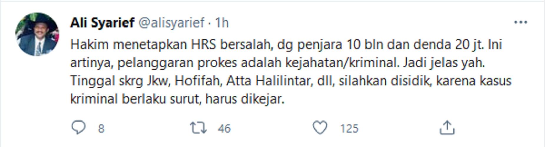 HRS Divonis Bersalah dengan Penjara dan Denda, Ali Syarief: Jokowi, Khofifah, Atta Halilintar Silahkan Disidik