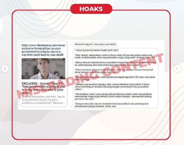 Tangkapan layar hoaks yang beredar di pesan singkat aplikasi WhatsApp.