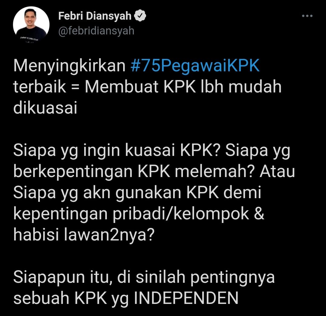 Tangkapan layar cuitan Febri Diansyah soal 75 pegawai KPK./