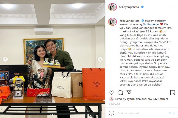 Unggahan Instagram Felicya Angelista saat memberikan kejutan ulang tahun untuk Caesar Hito.* 