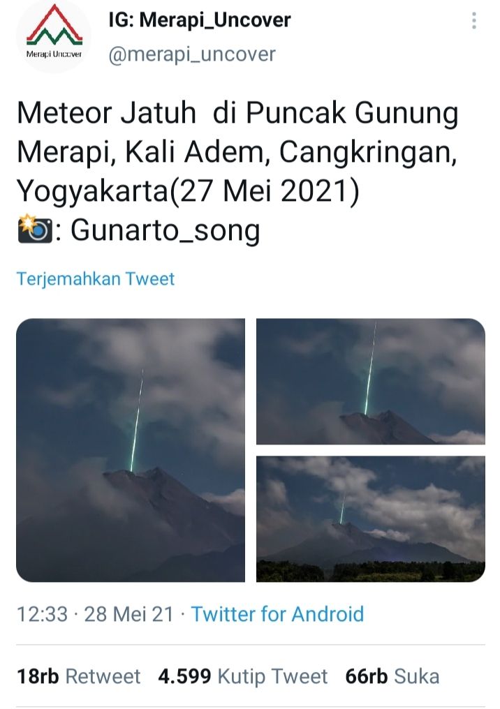 Bunyi tweet yang menginformasikan adanya dugaan meteor jatuh di puncak Gunung Merapi