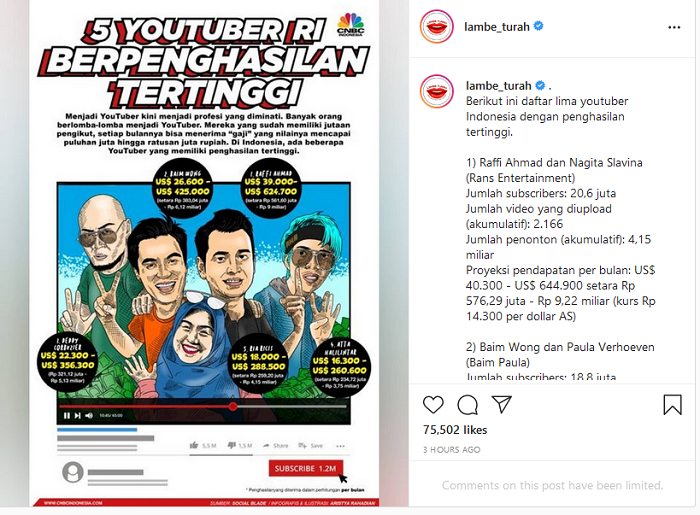 Hasil tangkap layar laman Instagram Lambe Turah