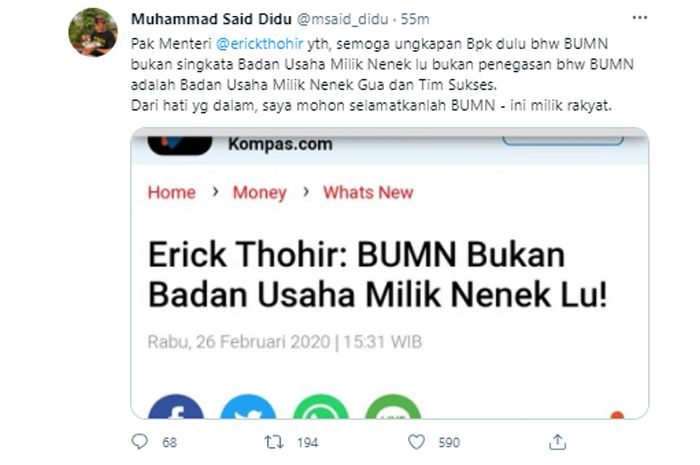 Unggahan Said Didu sindir Erick Thohir soal BUMN.