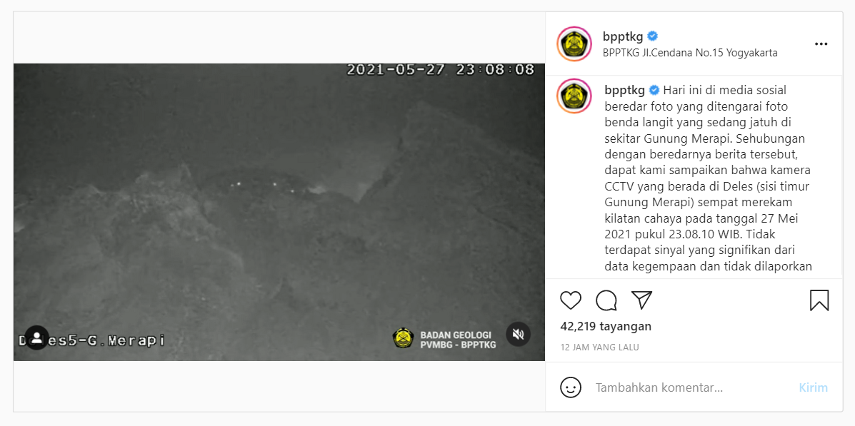 Penjelasan BPPTKG terkait jatuhnya meteor di puncak Gunung Merapi