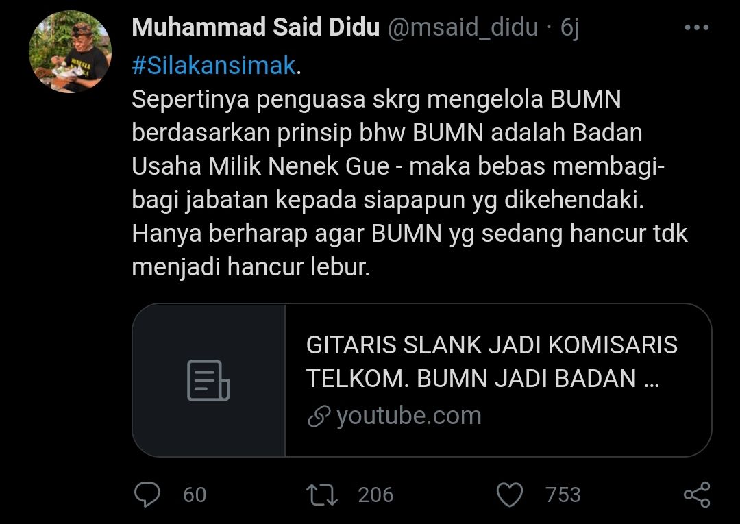 Tangkapan layar cuitan Said Didu soal pengangkatan Abdee Slank jadi Komisaris Independen PT Telkom Indonesia./ 