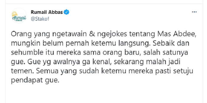 Tangkapan layar cuitan Rumail Abbas soal Abdee Slank yang kini jadi Komisaris Telkom Indonesia.