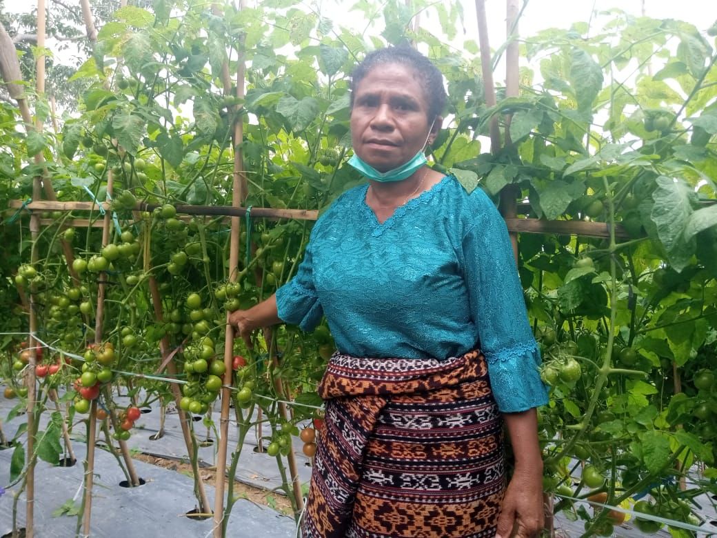 Ketua Kelompok Wanita Tani (KWT) Melati, Salviana Erosvita, ketika berada di lahan tomat milik kelompoknya.