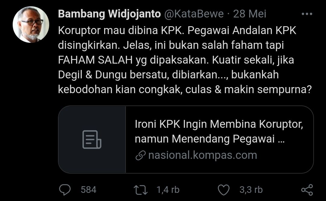 Tangkapan layar cuitan Bambang Widjojanto soal KPK./