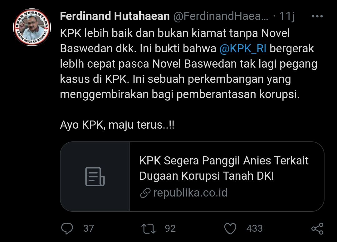 Tangkapan layar cuitan Ferdinand Hutahaean soal kabar pemanggilan Anies Baswedan oleh KPK./