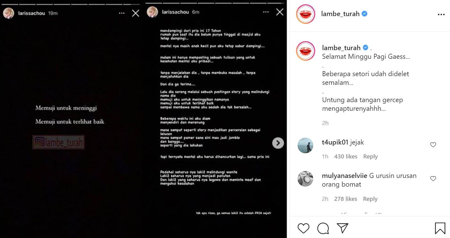 Unggahan Instagram Stories Larissa Chou yang menyindiri Alvin Faiz./Instagram/@lambe_turah