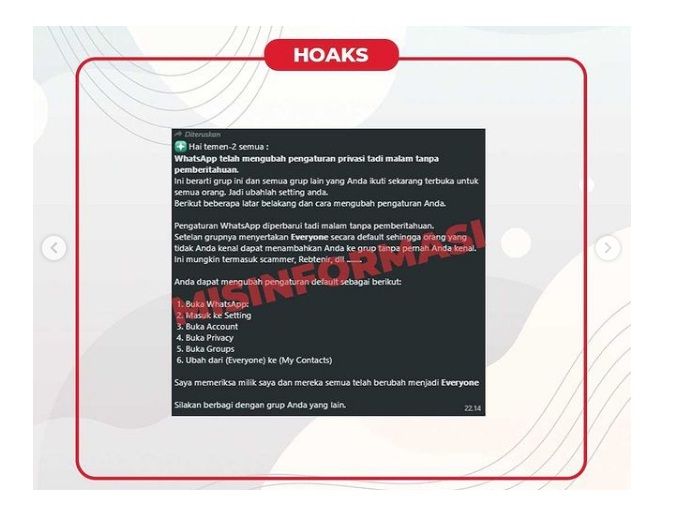 Tangkapan layar informasi hoaks yang terdapat dalam pesan singkat WhatsApp.