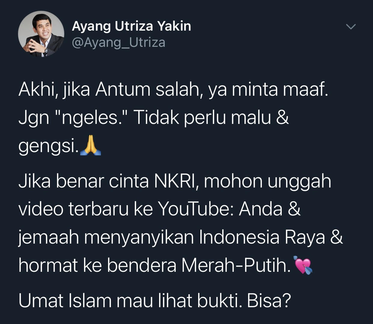 Cuitan Ayang Utriza merespons klarifikasi Ustaz Khalid Basalamah soal lagu kebangsaan Indonesia Raya.