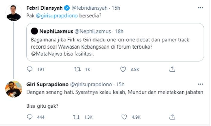 Febri Diansyah dan netizen menatang Firli Bahuri untuk debat terbuka dengan Giri Suprapdiono soal wawasan kebangsaan.*