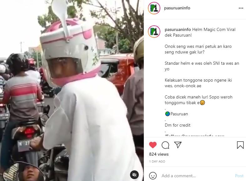 Netizen komentari pengendara yang memakai helm penanak nasi.