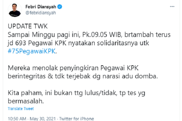 Febri Diansyah mengatakan ada 693 pegawai KPK yang lolos TWK yang minta pelantikan ditunda.