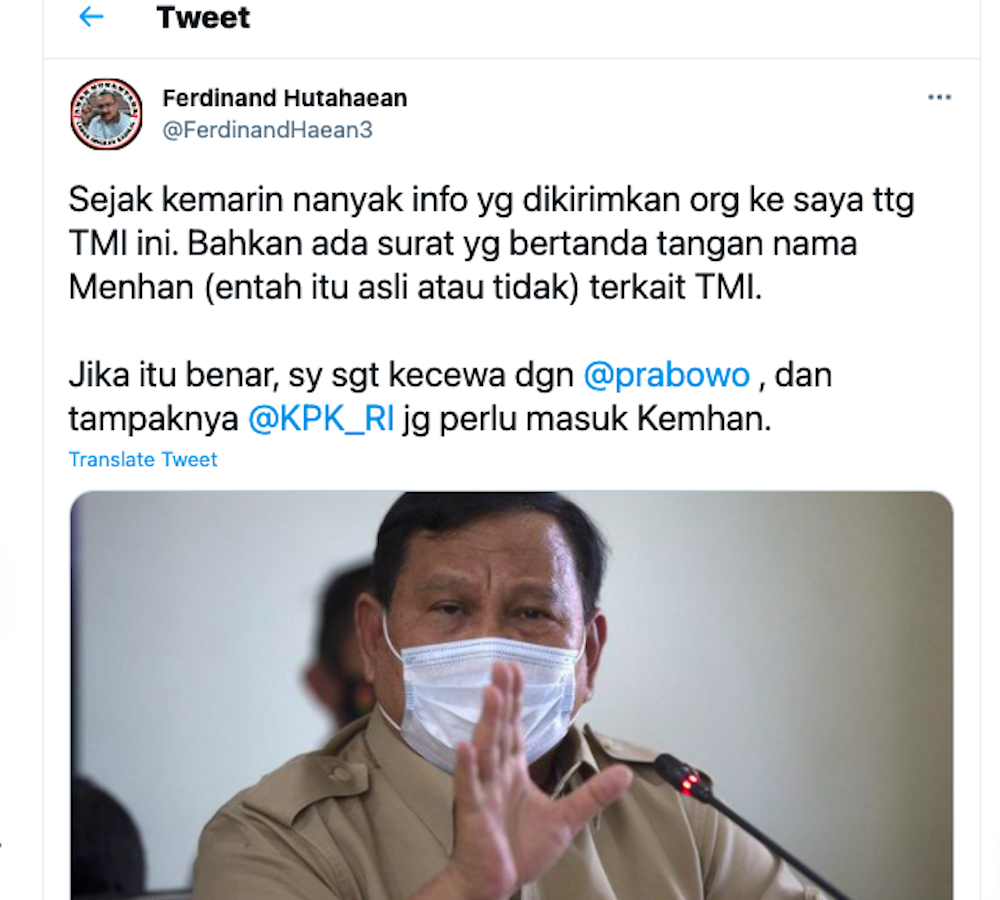 Tangkapan layar cuitan Mantan Politikus Partai Demokrat Ferdinand Hutahean yang mengaku kecewa terhadap Prabowo terkait polemik PT TMI dibawah kendali Kementerian Pertahanan