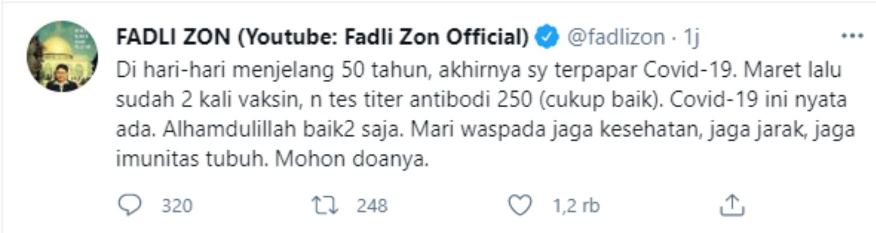 Fadli Zon mengabarkan dirinya telah terpapar covid-19 meski sempat disuntik vaksin dua kali. Ia mengakui bahwa covid-19 nyata.