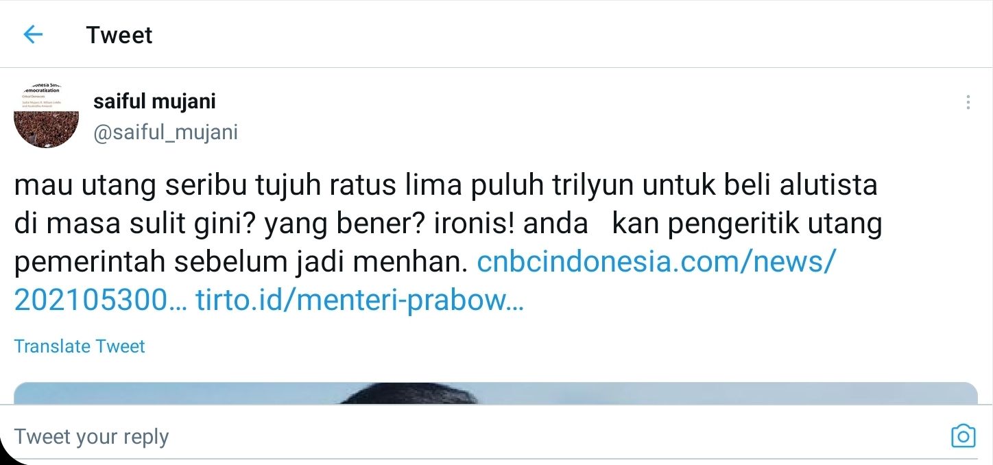 Saiful Mujani mengaku ironis dengan rencana Menhan Prabowo Subianto yang akan menganggarkan Rp1.750 triliun untuk belanja alutsista.*