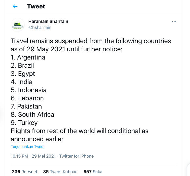 Daftar negara yang dilarang masuk ke Arab Saudi.*