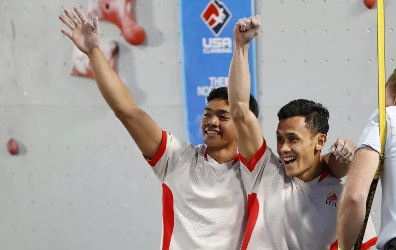 Kiromal Katibin dan Veddriq Leonardo memecahkan rekor dunia pada IFSC Climbing World Cup 2021 di Salt lake City Amerika Serikat pada Jumat, 28 Mei 2021.