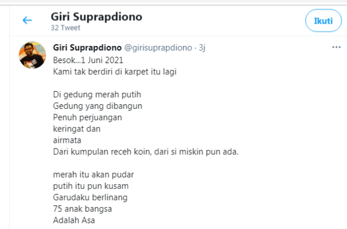 Unggahan Giri Suprapdiono akun Twitter @girisuprapdiono