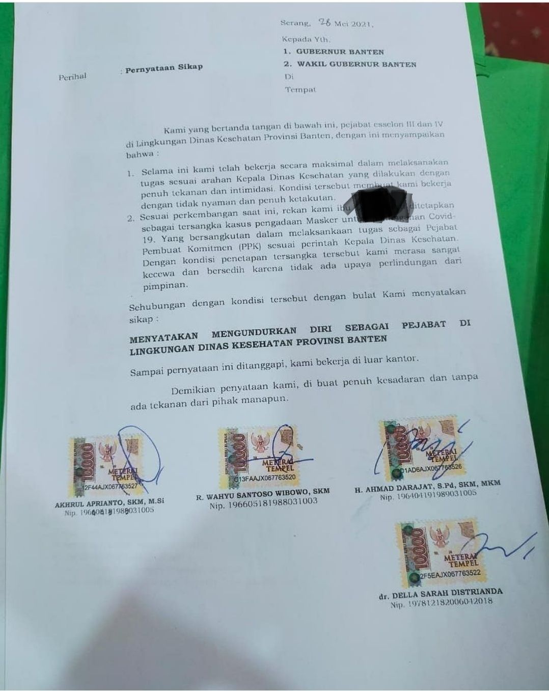 Tangkapan layar surat pengunduran diri pejabat Dinkes Provinsi Banten yang beredar luas di media sosial dan pesan berantai WhatsApp.