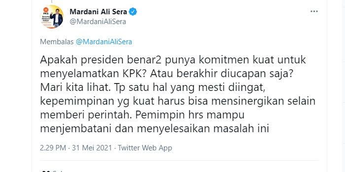 Mardani Ali Sera mempertanyakan komitmen Presiden Jokowi soal polemik pegawai KPK yang dipecat usai tidak lulus dalam TWK.*