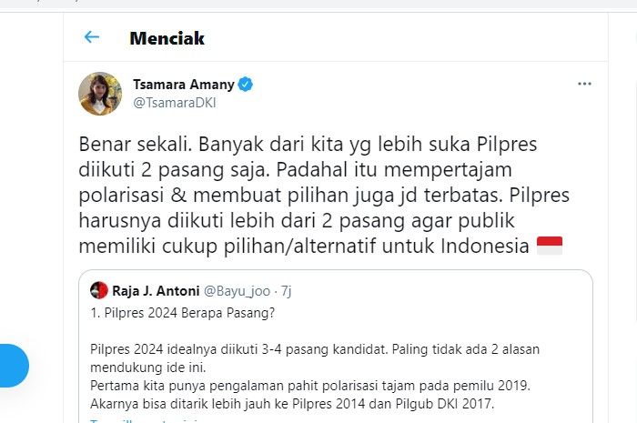 Tsamara Amany mengaku khawatir jika calon presiden (capres) di Pilpres 2024 hanya diikuti oleh dua pasang calon.*