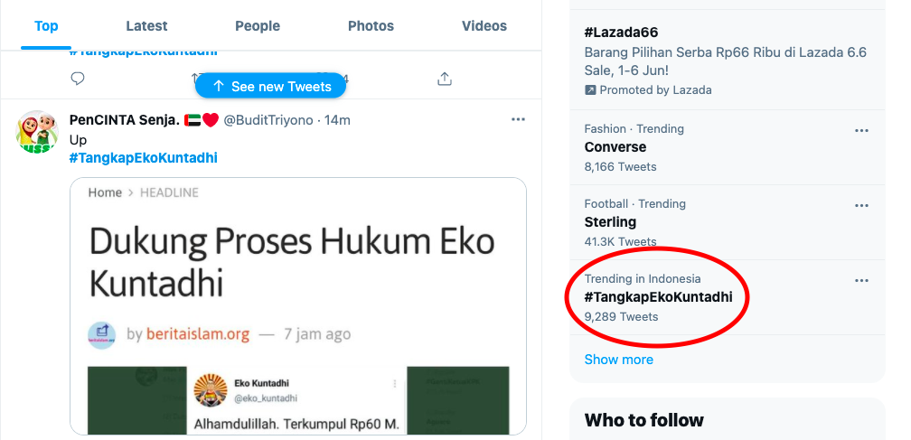 Tagar Tangkap Eko Kuntadhi jadi trending topic di twitter pada Senin pagi 31 Mei 2021